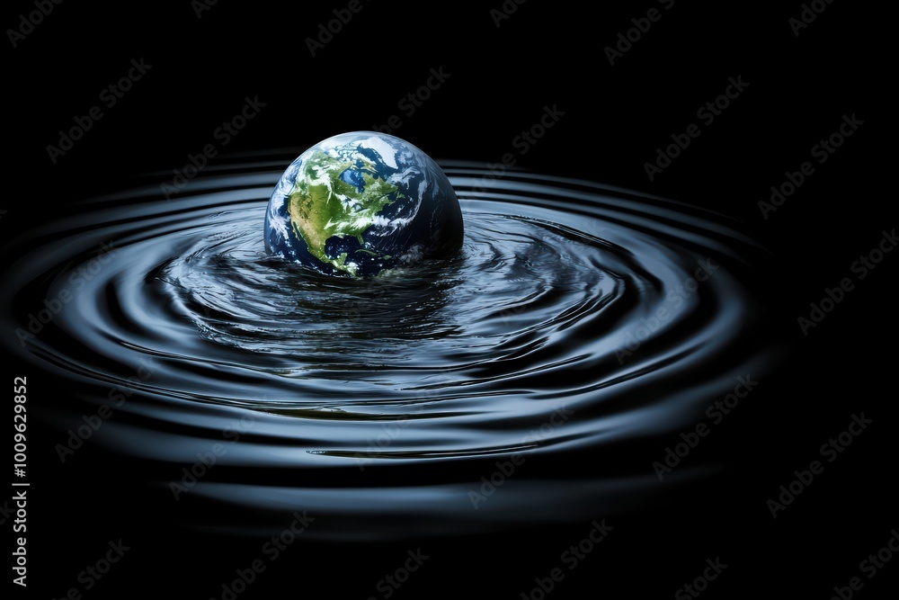 A globe emerging from water ripples against a dark background, symbolizing the impact of water and the Earth's fragility. A globe emerging from water ripples against a dark background, symbolizing the impact of water and the Earth's fragility.