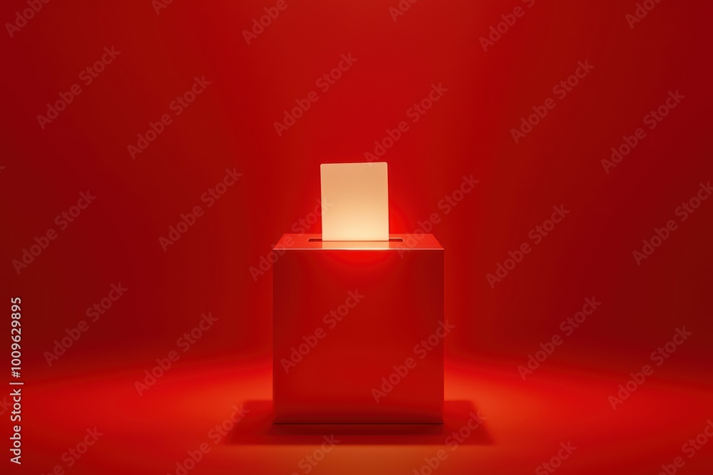 A glowing ballot box with a blank sheet in a bright red setting, symbolizing voting and democracy. A glowing ballot box with a blank sheet in a bright red setting, symbolizing voting and democracy.
