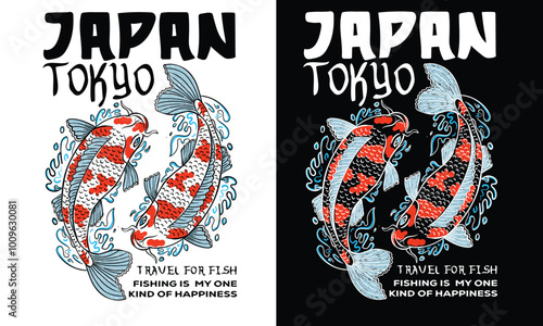 Back print t shirt design. Fish line drawing. Japan art. Tokyo, Japan koi fish hand drawing vector illustration. Fish print for t-shirt graphic and other uses. 