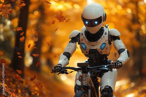 cheerful humanoid robot cycling through vibrant autumn park leaves swirling around warm colors of fall foliage blend of nature and technology whimsical and thoughtprovoking scene