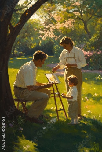 A family enjoying a sunny day in a garden, painting and engaging in creative activities.