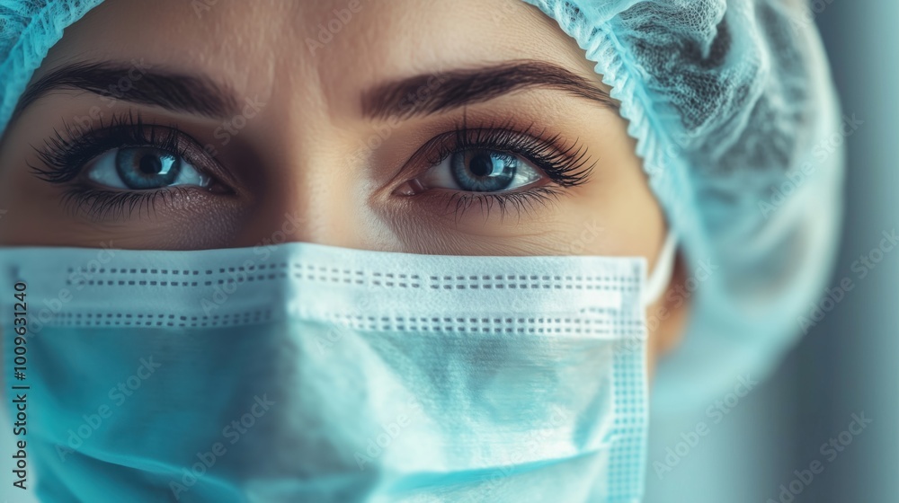 Healthcare professional wearing mask and cap, focused eyes Healthcare professional wearing mask and cap, focused eyes