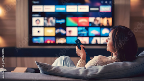 Woman Accessing OTT Content on Smart TV at Home