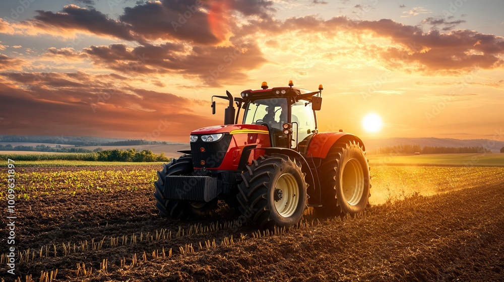 Obraz premium Tractor working on the farm, cultivating crops under the golden hues of sunset. This modern agricultural machine symbolizes the evolution of farming