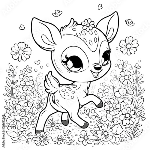 Coloring Page Black Ink drawing  on a white page of a cute fawn Playing in the meadow photo