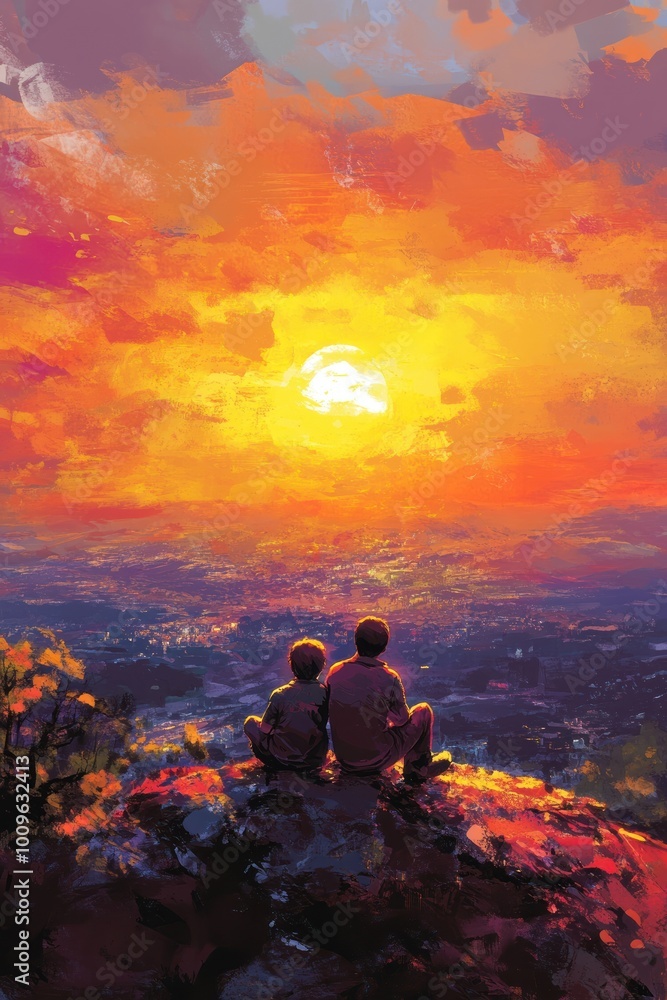 Obraz premium Two figures sit on a rock, watching a vibrant sunset over a scenic landscape.