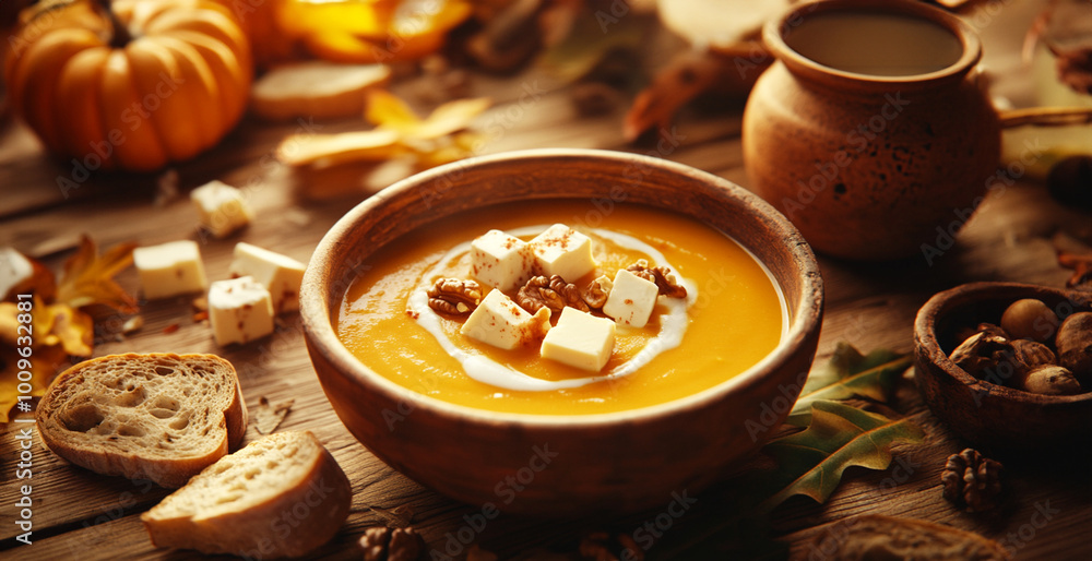 Pumpkin cream soup with cheese on wooden table .Homemade Autumn Butternut Squash Soup Pumpkin cream soup with cheese on wooden table .Homemade Autumn Butternut Squash Soup