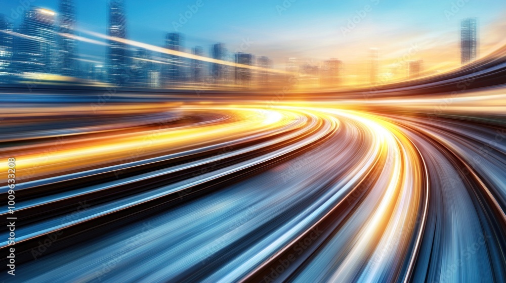 A vibrant urban scene at dusk highlights the movement of vehicles, creating bright light trails along curved tracks. The backdrop features towering buildings set against a colorful sky A vibrant urban scene at dusk highlights the movement of vehicles, creating bright light trails along curved tracks. The backdrop features towering buildings set against a colorful sky