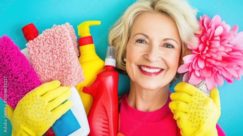 A smiling woman in bright attire showcases an array of cleaning supplies, highlighting her joyful approach to tidying up during the spring season A smiling woman in bright attire showcases an array of cleaning supplies, highlighting her joyful approach to tidying up during the spring season