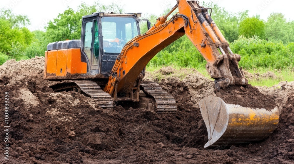 An excavator is operating on a construction site, moving earth and soil as it prepares the area for development. Lush greenery surrounds the site, indicating a natural backdrop An excavator is operating on a construction site, moving earth and soil as it prepares the area for development. Lush greenery surrounds the site, indicating a natural backdrop