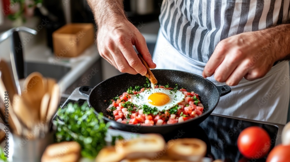 A cook prepares a delicious breakfast featuring eggs and fresh tomatoes in a skillet, with herbs and toast nearby, embracing a vibrant morning atmosphere A cook prepares a delicious breakfast featuring eggs and fresh tomatoes in a skillet, with herbs and toast nearby, embracing a vibrant morning atmosphere