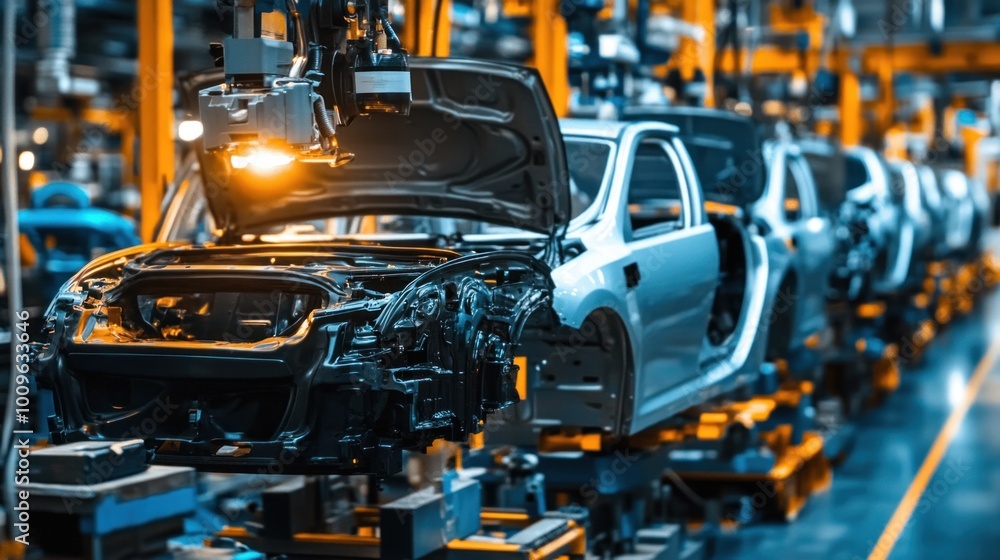 The assembly line displays a series of partially built vehicles being manufactured, with robotic arms and bright lighting optimizing the production environment The assembly line displays a series of partially built vehicles being manufactured, with robotic arms and bright lighting optimizing the production environment