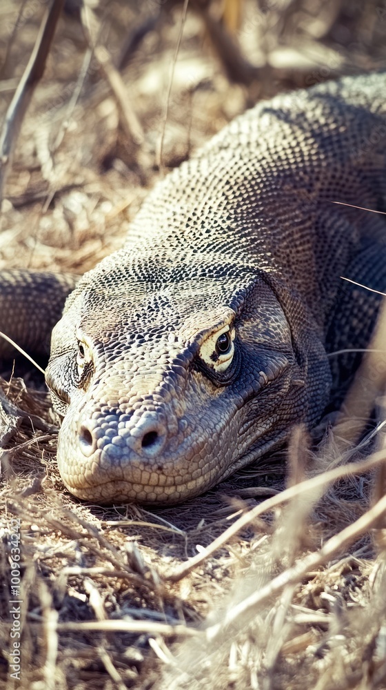 Obraz premium A close-up of a Komodo dragon resting on the ground among dry grass.