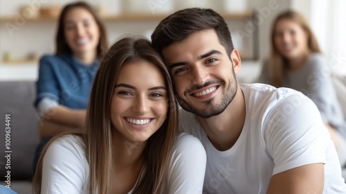 A joyful couple poses for a picture while surrounded by friends in a casual, inviting living room filled with natural light. Laughter and smiles fill the air