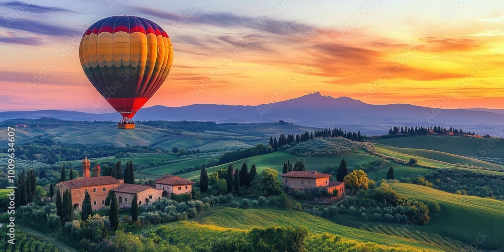 Fototapeta premium a hot air balloon flying over a green landscape