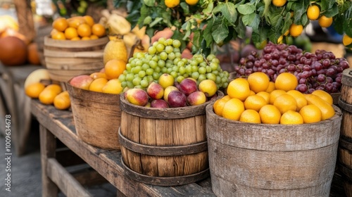 Colorful fruits including oranges, grapes, and plums fill rustic wooden baskets at a lively outdoor market, showcasing the fresh produce in the warm sunlight