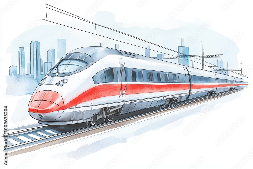 Naklejka premium A sleek and modern high-speed train speeding along the tracks with a city skyline in the background, showcasing innovation in rail travel.