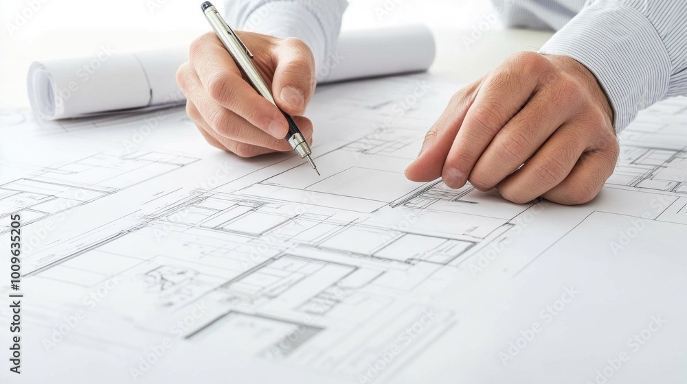 A dedicated architect focuses intently on drawing precise lines and measurements on blueprints. The bright office space is filled with rolled-up plans and architectural tools A dedicated architect focuses intently on drawing precise lines and measurements on blueprints. The bright office space is filled with rolled-up plans and architectural tools