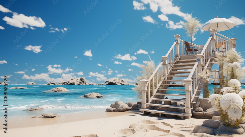 Beach podium summer background sand product sea display platform.