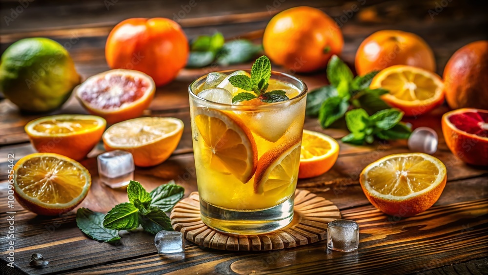 Artistic Sketch of a Refreshing Drink with Citrus Garnish and Ice Cubes on a Wooden Table Background Artistic Sketch of a Refreshing Drink with Citrus Garnish and Ice Cubes on a Wooden Table Background