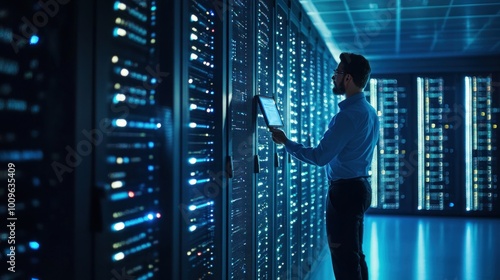 A technician is observing and managing server performance in a modern data center, illuminated by blue lighting, showcasing critical digital operations at night