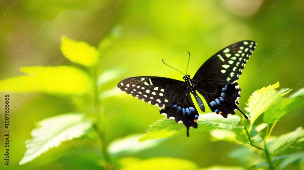 A striking black butterfly with blue markings is perched gracefully on lush green leaves, basking in the warmth of a sunny afternoon while surrounded by nature's tranquility A striking black butterfly with blue markings is perched gracefully on lush green leaves, basking in the warmth of a sunny afternoon while surrounded by nature's tranquility