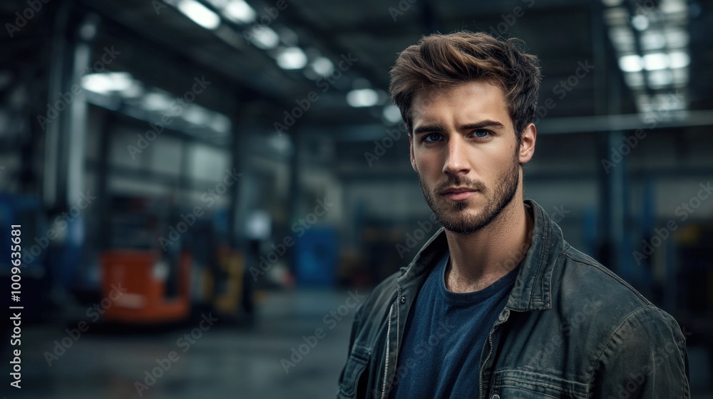 A young man stands in an industrial warehouse, showcasing a confident demeanor. He wears a casual jacket and has stylish hair, embodying a modern, urban aesthetic A young man stands in an industrial warehouse, showcasing a confident demeanor. He wears a casual jacket and has stylish hair, embodying a modern, urban aesthetic