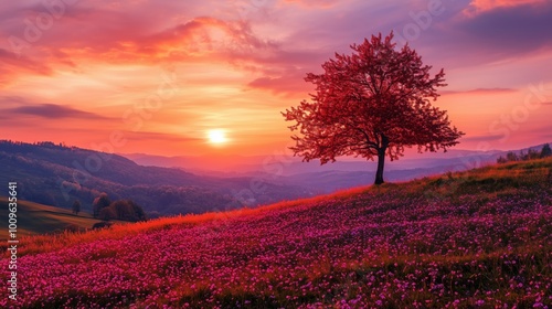 Wallpaper Mural Vibrant sunset over blooming pink flowers and solitary tree Torontodigital.ca