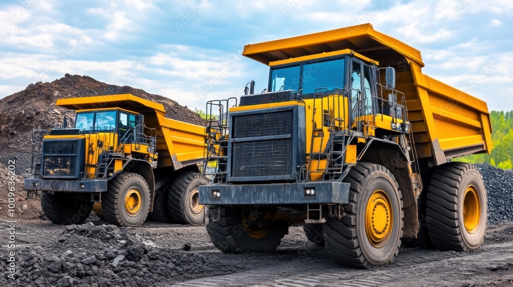 Two heavy-duty dump trucks are seen loaded with coal, parked on a construction site with piles of black material nearby, under a bright blue sky with scattered clouds Two heavy-duty dump trucks are seen loaded with coal, parked on a construction site with piles of black material nearby, under a bright blue sky with scattered clouds