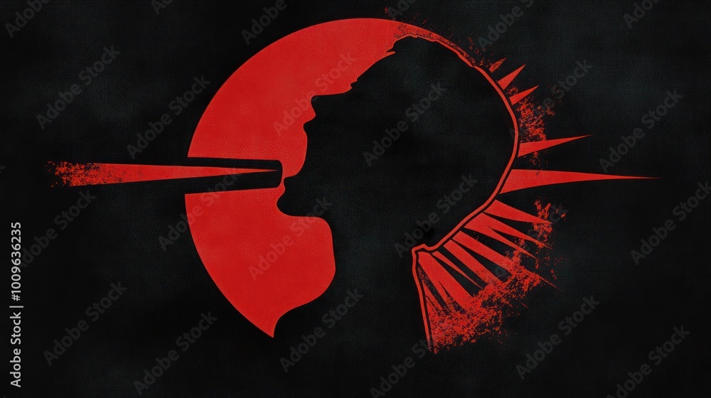 A silhouette of a person with a mohawk, shouting against a red circle background. A silhouette of a person with a mohawk, shouting against a red circle background.