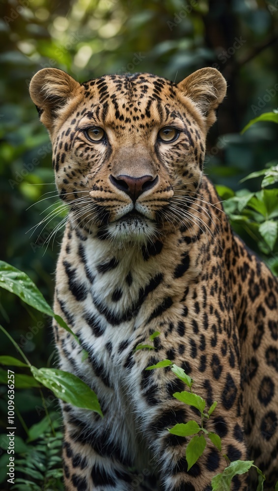 Obraz premium Leopard in Dense Vegetation Looking Directly at Camera