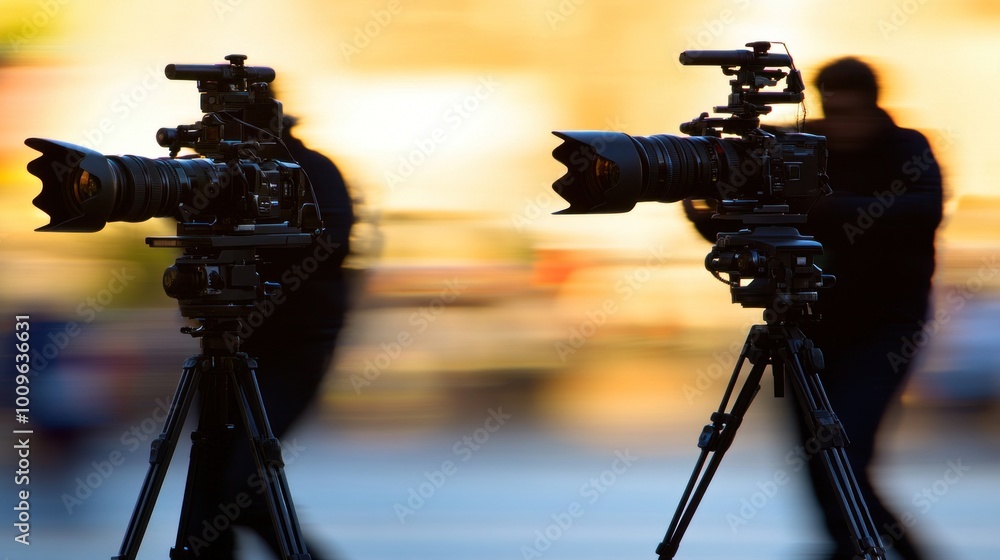 Fototapeta premium Two professional cameras on sturdy tripods are set up to capture the lively essence of a bustling city during the enchanting golden hour, as people pass by in blurred motion