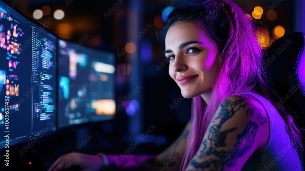 A young woman with vibrant pink hair is focused on her computer screens, showcasing lines of code and colorful graphics in a trendy nighttime environment filled with soft lighting A young woman with vibrant pink hair is focused on her computer screens, showcasing lines of code and colorful graphics in a trendy nighttime environment filled with soft lighting