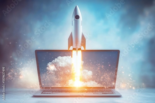 Rocket soaring from a laptop into cloudy mist skies photo