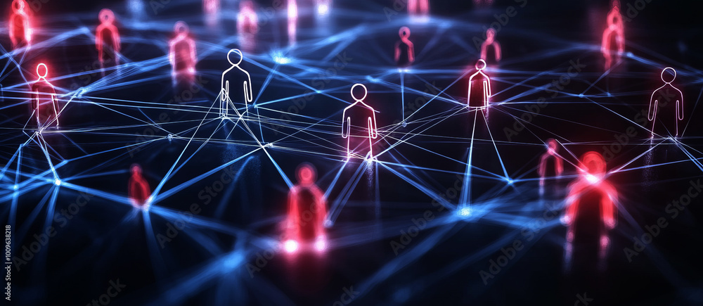 Abstract digital network with glowing connections and people icons on a dark background, Abstract digital network with glowing connections and people icons on a dark background,