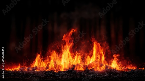 A vivid display of flames dancing against a dark background, illustrating the raw power of fire in nature.