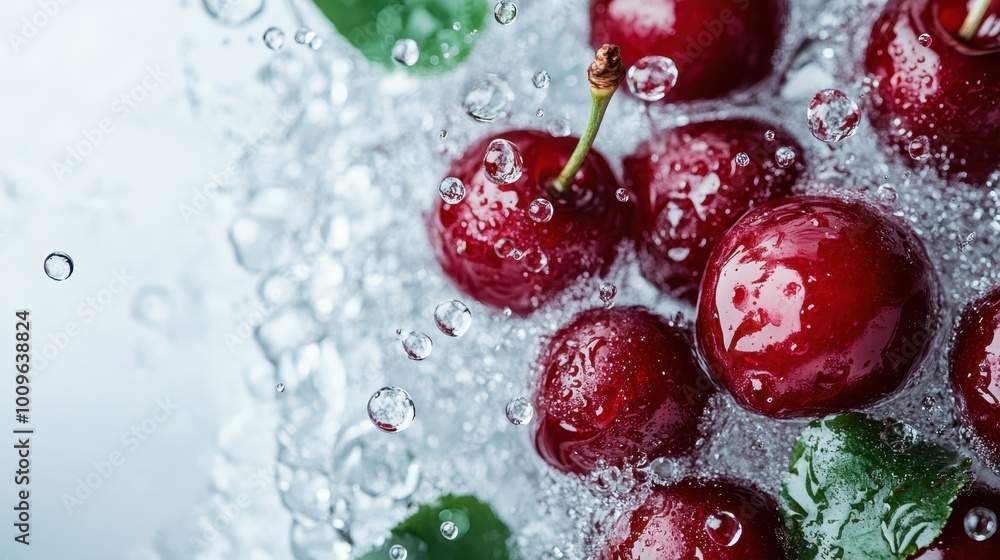 A close-up of fresh cherries immersed in sparkling water, droplets splashing, capturing the freshness and vibrancy of the fruit in a dynamic composition. A close-up of fresh cherries immersed in sparkling water, droplets splashing, capturing the freshness and vibrancy of the fruit in a dynamic composition.