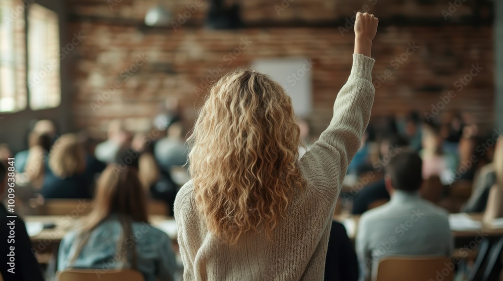 Fototapeta premium A student with wavy hair eagerly raises an arm in a sunny, bustling classroom, embodying learning, curiosity, and engagement amidst peers and educators.