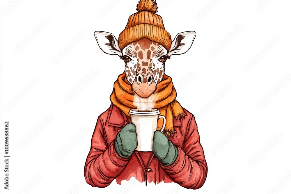 A whimsical illustration of a giraffe wearing a warm hat and scarf, holding a steaming cup. Perfect for cozy winter vibes. A whimsical illustration of a giraffe wearing a warm hat and scarf, holding a steaming cup. Perfect for cozy winter vibes.
