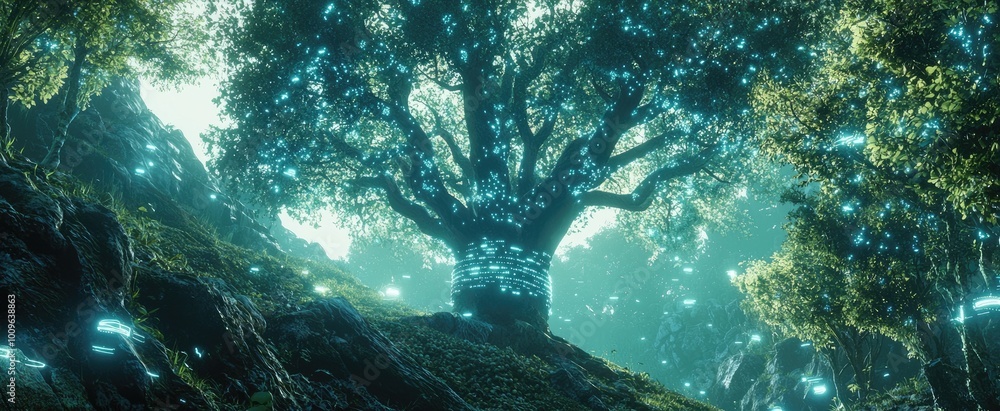 Fototapeta premium A large tree in a magical forest with blue glowing lights in the leaves and around the trunk