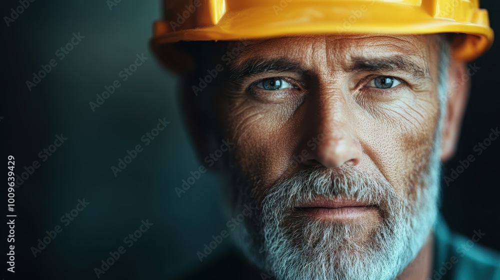 Portrait of an older man with a beard and intense blue eyes, wearing a yellow hard hat, showcasing leadership and confidence in an industrial background. Portrait of an older man with a beard and intense blue eyes, wearing a yellow hard hat, showcasing leadership and confidence in an industrial background.