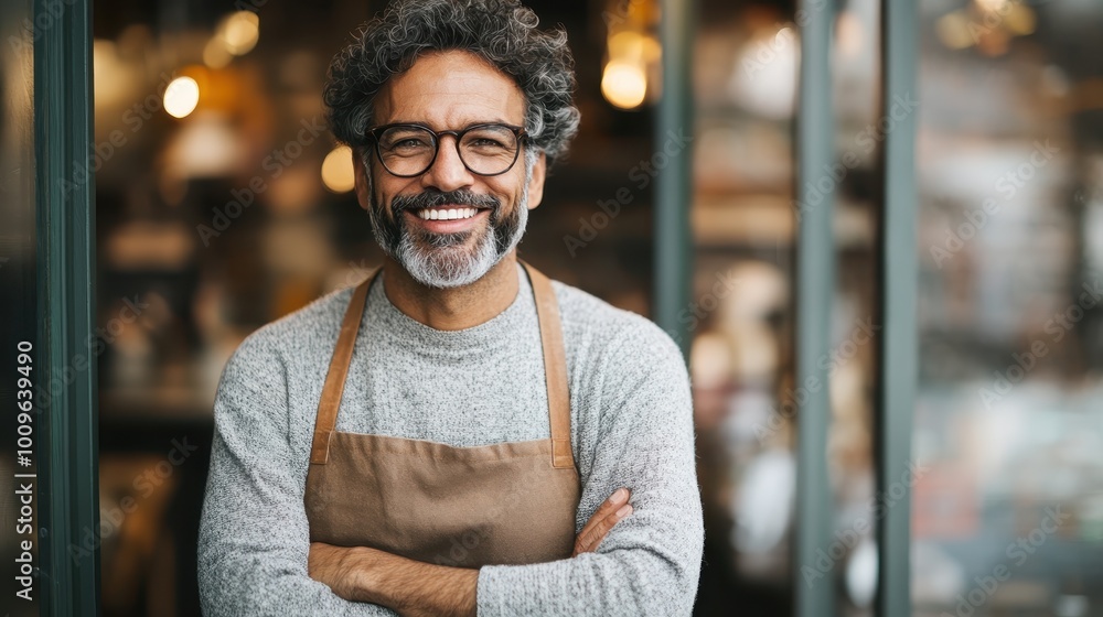 Fototapeta premium In a lively cafe, a cheerful barista in a brown apron stands confidently, exuding warmth and hospitality, creating a welcoming space bustling with life and energy.