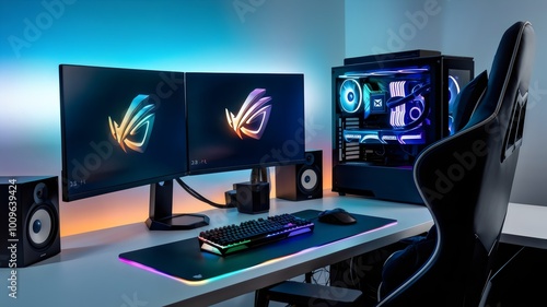 A state-of-the-art gaming rig featuring a multi-screen setup, RGB-lit mechanical keyboard, and a powerful gaming PC with vibrant LED lighting. photo