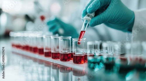 A laboratory scene with a technician using a pipette to add liquid to test tubes, emphasizing precision, research, and innovation in a scientific environment.