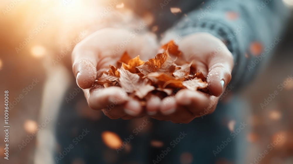 A gentle capturing of hands delicately holding autumn leaves against a softly blurred bokeh background, symbolizing warmth, change, and the beauty of nature's cycle. A gentle capturing of hands delicately holding autumn leaves against a softly blurred bokeh background, symbolizing warmth, change, and the beauty of nature's cycle.