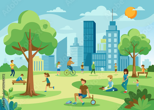 Group of people performing sports activities at park. Doing gymnastics exercises, jogging, talking and walking, riding bicycles, playing with pets. Modern public city park street vector illustration. 