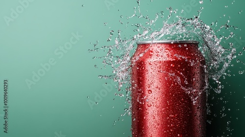 A fresh and vibrant image showcasing a bright red soda can with a dynamic splash of water, perfectly capturing the sensation of refreshment and energy. photo