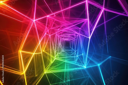 A neon rainbow background with bright, glowing lines forming geometric shapes