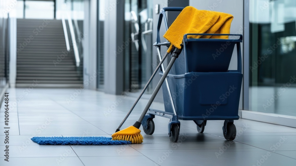 Cleaning cart and mop in bright office corridor Cleaning cart and mop in bright office corridor