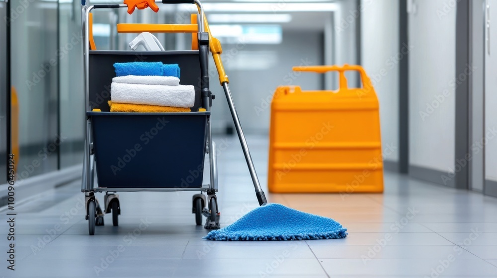 Cleaning supplies in a bright office corridor scene Cleaning supplies in a bright office corridor scene